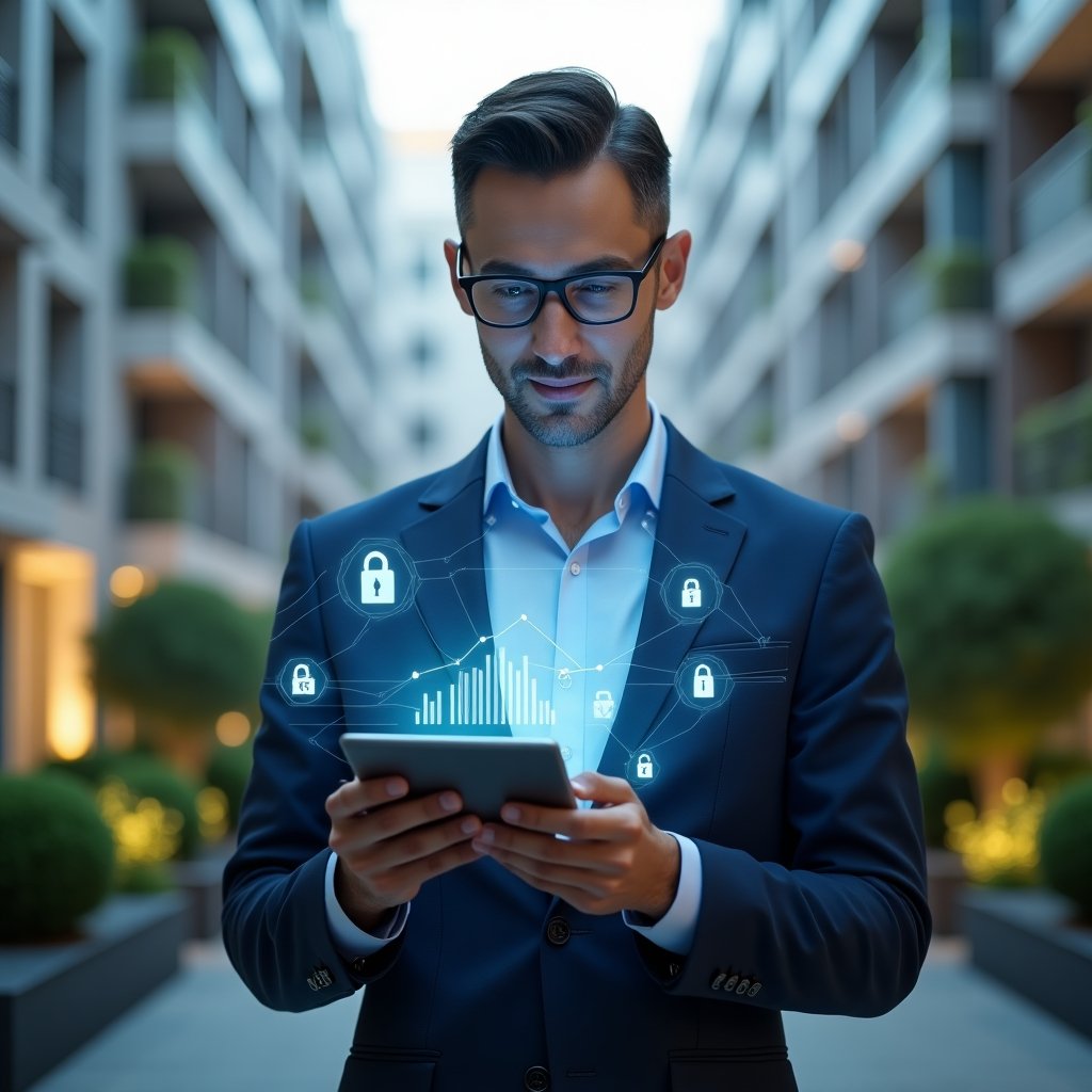 Ultra-realistic condominium manager in a navy blue modern suit, set in a modern luxury condominium environment with high-rise buildings and lush green landscaping, interacting with a holographic building automation dashboard projected from a tablet, futuristic icons of sensors, energy graphs and security locks floating around, confident and focused expression, cinematic lighting, shallow depth of field, highly detailed textures, realistic skin, photographic realism, 8k resolution --ar 1:1 --v 6