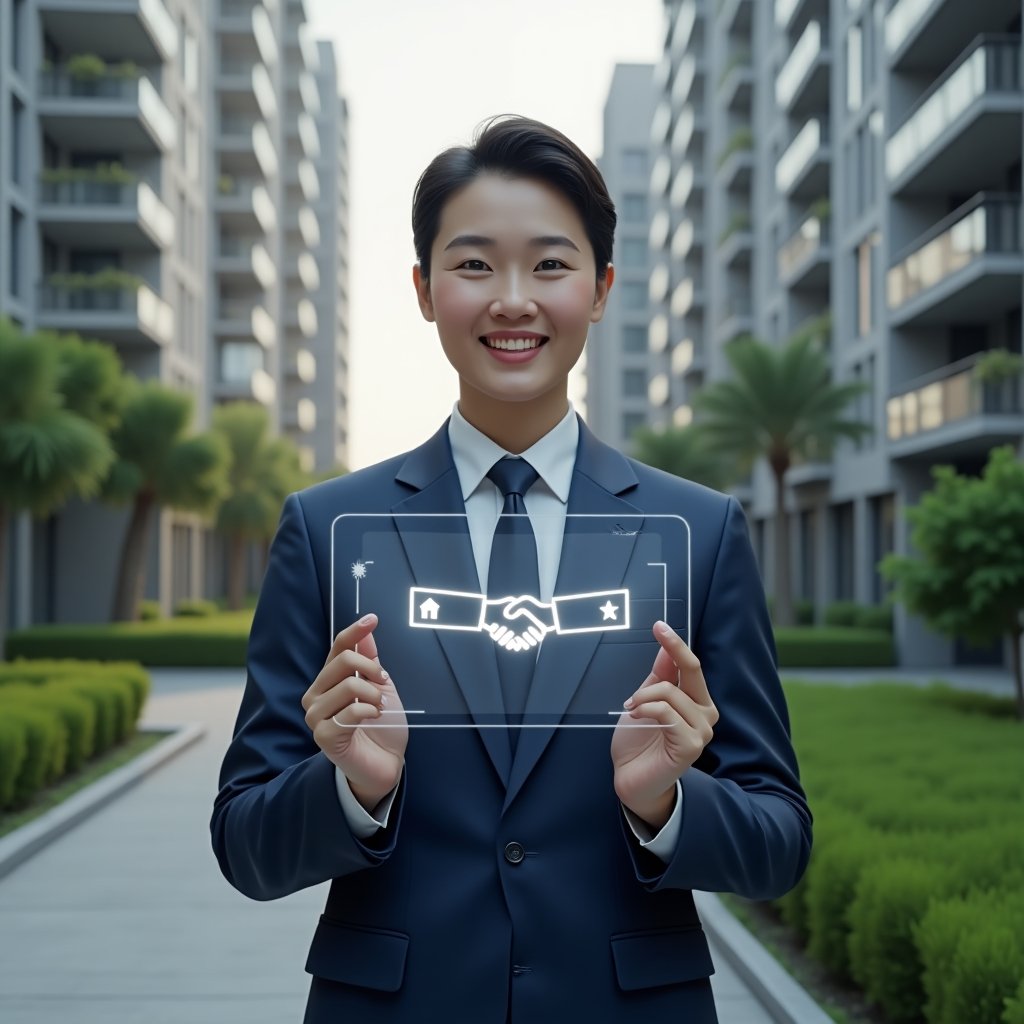 (Ultra-realistic condominium manager in a navy blue suit, set in a modern luxury condominium environment with high-rise buildings and lush green landscaping, mid shot of the manager smiling confidently and presenting a transparent holographic interface displaying community guidelines and handshake icons, cinematic lighting, shallow depth of field, highly detailed textures, realistic skin, photographic realism, 8k resolution --ar 1:1 --v 6)