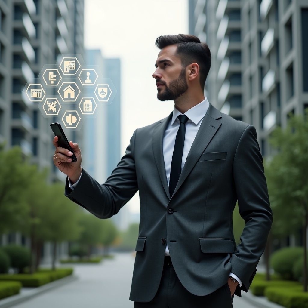 (Ultra-realistic condominium manager in a charcoal gray tailored suit, set in a modern luxury condominium environment with high-rise buildings and lush green landscaping, medium shot of the manager confidently pointing at a floating holographic display of seven golden rule icons and a transparent smartphone screen showing a condo management app interface, conveying harmony and professionalism, cinematic lighting, shallow depth of field, highly detailed textures, realistic skin, photographic realism, 8k resolution --ar 1:1 --v 6)