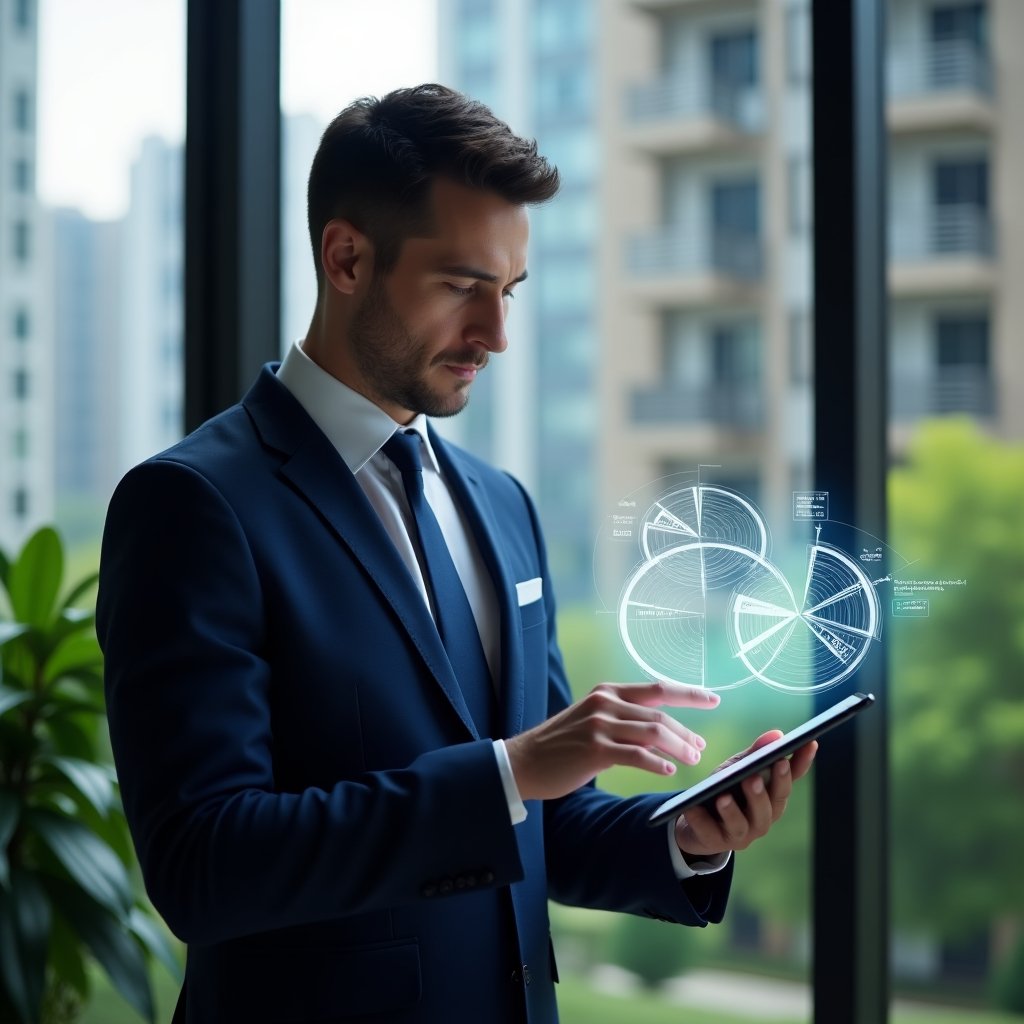 Ultra-realistic condominium manager in a navy blue suit, set in a modern luxury condominium environment with high-rise buildings and lush green landscaping, analyzing a holographic pie chart of unit area fractions projected above a tablet, holographic floor plan overlay symbolizing fair distribution of expenses, cinematic lighting, shallow depth of field, highly detailed textures, realistic skin, photographic realism, 8k resolution --ar 1:1 --v 6