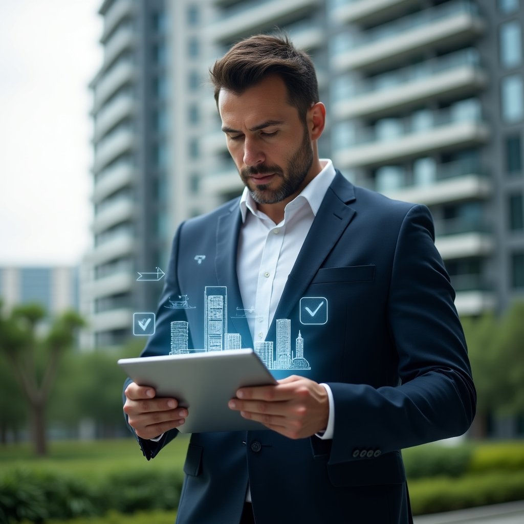 Ultra-realistic property manager in a tailored navy blue suit, medium shot, set in a modern luxury condominium environment with high-rise buildings and lush green landscaping, examining a holographic digital checklist projected from a transparent tablet, surrounded by floating icons of checkmarks and building silhouettes, confident and focused expression, cinematic lighting, shallow depth of field, highly detailed textures, realistic skin, photographic realism, 8k resolution --ar 1:1 --v 6