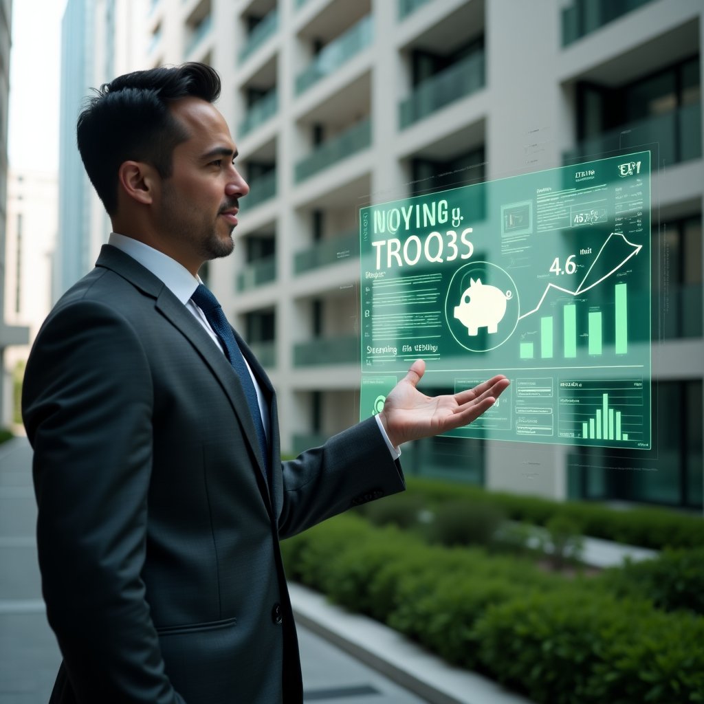 (Ultra-realistic condominium manager in a charcoal gray tailored suit, set in a modern luxury condominium environment with high-rise buildings and green landscaping, confidently gesturing toward a holographic cost-saving infographic and digital budget charts, featuring piggy bank and green leaf symbols as thematic visual elements, cinematic lighting, shallow depth of field, highly detailed textures, realistic skin, photographic realism, 8k resolution --ar 1:1 --v 6)