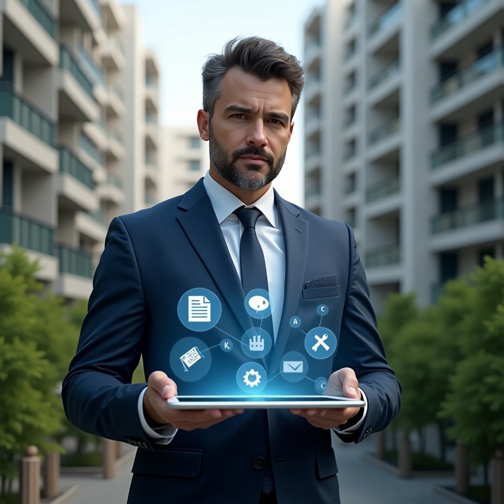 (Ultra-realistic condominium manager in a navy blue tailored suit, set in a modern luxury condominium environment with high-rise buildings and lush green landscaping, medium shot of a focused professional holding a transparent tablet displaying holographic warning icons and a checklist of five crucial errors, confident and serious expression, floating holographic symbols representing a speech bubble, a document, a chart, a wrench and a gear, cinematic lighting, shallow depth of field, highly detailed textures, realistic skin, photographic realism, 8k resolution --ar 1:1 --v 6)