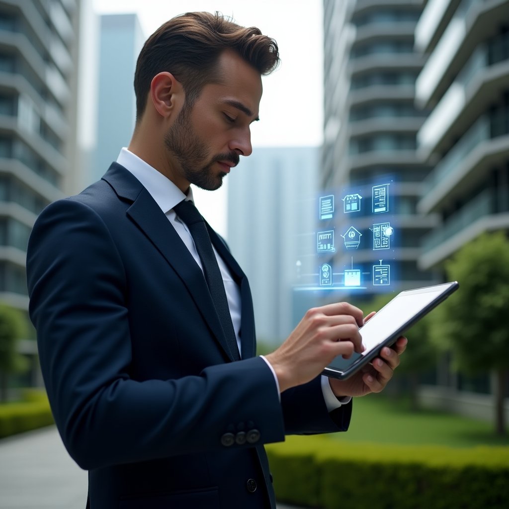 Ultra-realistic property manager in a tailored navy suit, set in a modern luxury condominium environment with high-rise buildings and manicured green landscaping, analyzing a digital tablet displaying floating holographic icons of financial charts, maintenance checklists and condo blueprints, confident and focused expression, cinematic lighting, shallow depth of field, highly detailed textures, realistic skin, photographic realism, 8k resolution --ar 1:1 --v 6