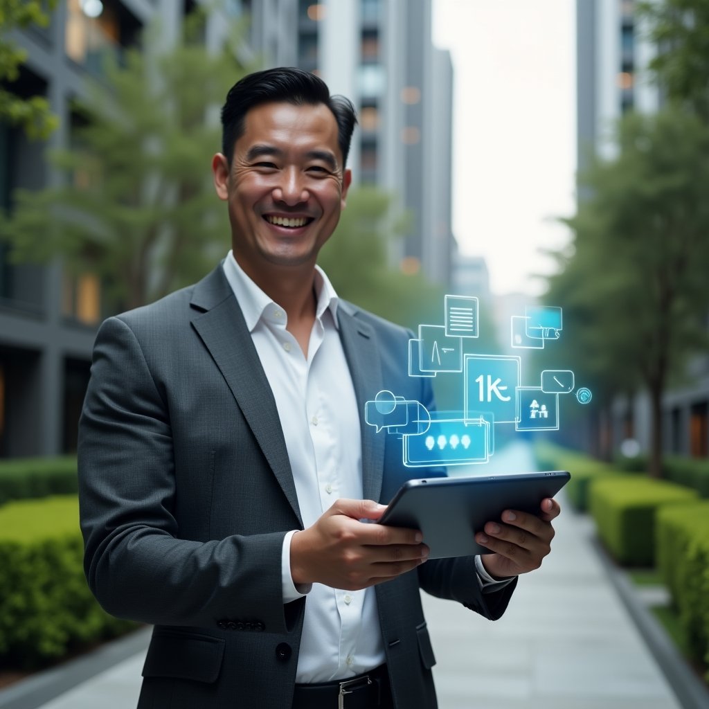 (Ultra-realistic condominium manager in a charcoal gray suit, set in a modern luxury condominium environment with high-rise buildings and manicured green landscaping, medium shot of the professional holding a tablet projecting holographic community engagement icons (voting, chat bubbles, collaboration symbols), confident and inviting expression as if promoting resident participation, cinematic lighting, shallow depth of field, highly detailed textures, realistic skin, photographic realism, 8k resolution --ar 1:1 --v 6)
