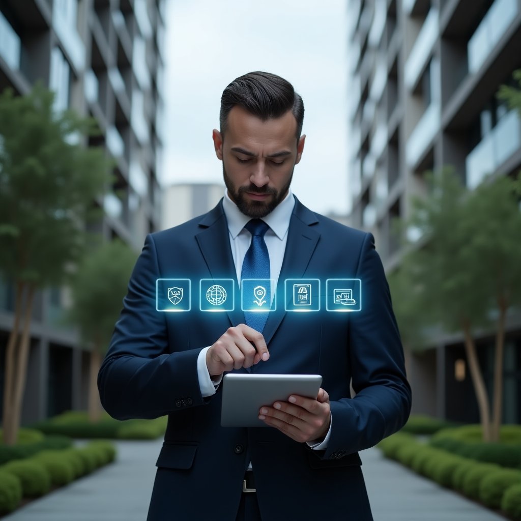 (Ultra-realistic property manager in a tailored navy blue suit, set in a modern luxury condominium environment with high-rise buildings and manicured green landscaping, standing mid-shot examining a holographic interface displaying five pillar icons for maintenance, security, finance, communication, and innovation, holding a sleek digital tablet, confident and thoughtful expression, cinematic lighting, shallow depth of field, highly detailed textures, realistic skin, photographic realism, 8k resolution --ar 1:1 --v 6)