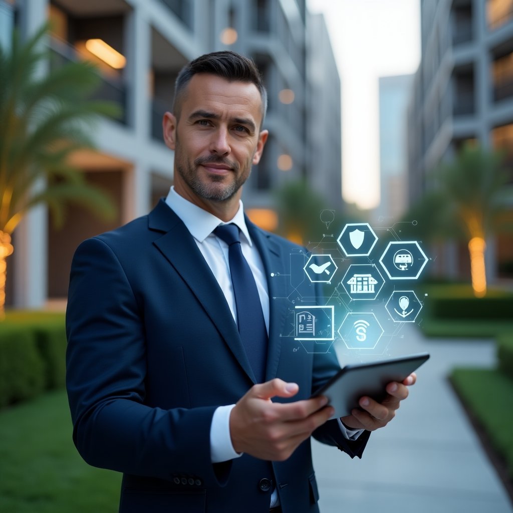 (Ultra-realistic condominium manager in a navy blue business suit, set in a modern luxury condominium environment with high-rise buildings and manicured green landscaping, holding a digital tablet displaying a holographic condo management app interface, with floating icons for communication, security, and finance, confident and focused expression, cinematic lighting, shallow depth of field, highly detailed textures, realistic skin, photographic realism, 8k resolution --ar 1:1 --v 6)