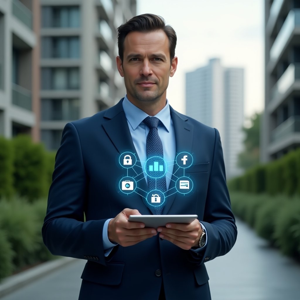 Ultra-realistic condominium manager in a navy blue executive suit, set in a modern luxury condominium environment with high-rise buildings and manicured green landscaping, holding a tablet with a floating holographic app interface showing notification icons for maintenance, finances, visitor access, reservations and feedback, confident and focused expression, cinematic lighting, shallow depth of field, highly detailed textures, realistic skin, photographic realism, 8k resolution --ar 1:1 --v 6
