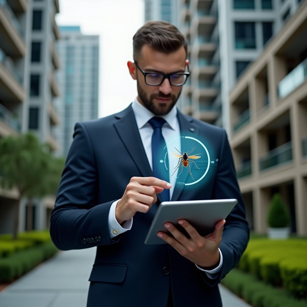 (Ultra-realistic condominium manager in a tailored navy suit, set in a modern luxury condominium environment with high-rise buildings and manicured green landscaping, holding a tablet displaying a digital checklist while pointing thoughtfully at a holographic Aedes aegypti mosquito icon with a target overlay, cinematic lighting, shallow depth of field, highly detailed textures, realistic skin, photographic realism, 8k resolution --ar 1:1 --v 6)