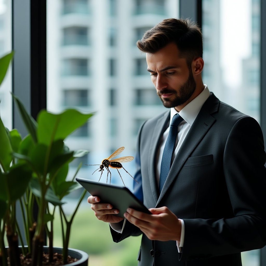 (Ultra-realistic condominium manager in a dark gray suit, set in a modern luxury condominium environment with high-rise buildings and lush green landscaping, carefully inspecting a potted plant with a tablet displaying a holographic Aedes aegypti mosquito icon, serious and focused expression, cinematic lighting, shallow depth of field, highly detailed textures, realistic skin, photographic realism, 8k resolution --ar 1:1 --v 6)