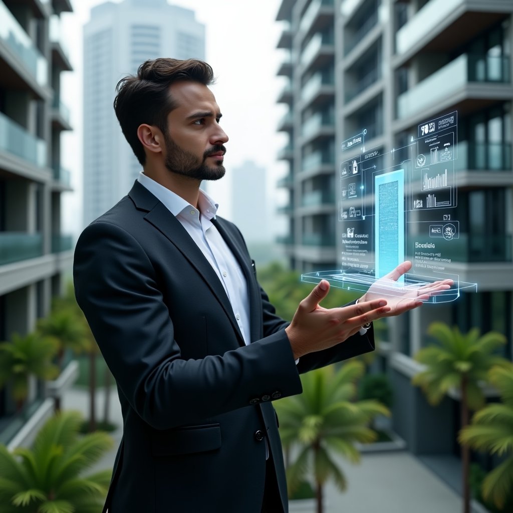 Ultra-realistic condominium manager in a dark charcoal suit and crisp white shirt, set in a modern luxury condominium environment with high-rise buildings and lush green landscaping, confidently interacting with a holographic smart building interface showing sensors, energy graphs and access control icons, cinematic lighting, shallow depth of field, highly detailed textures, realistic skin, photographic realism, 8k resolution --ar 1:1 --v 6