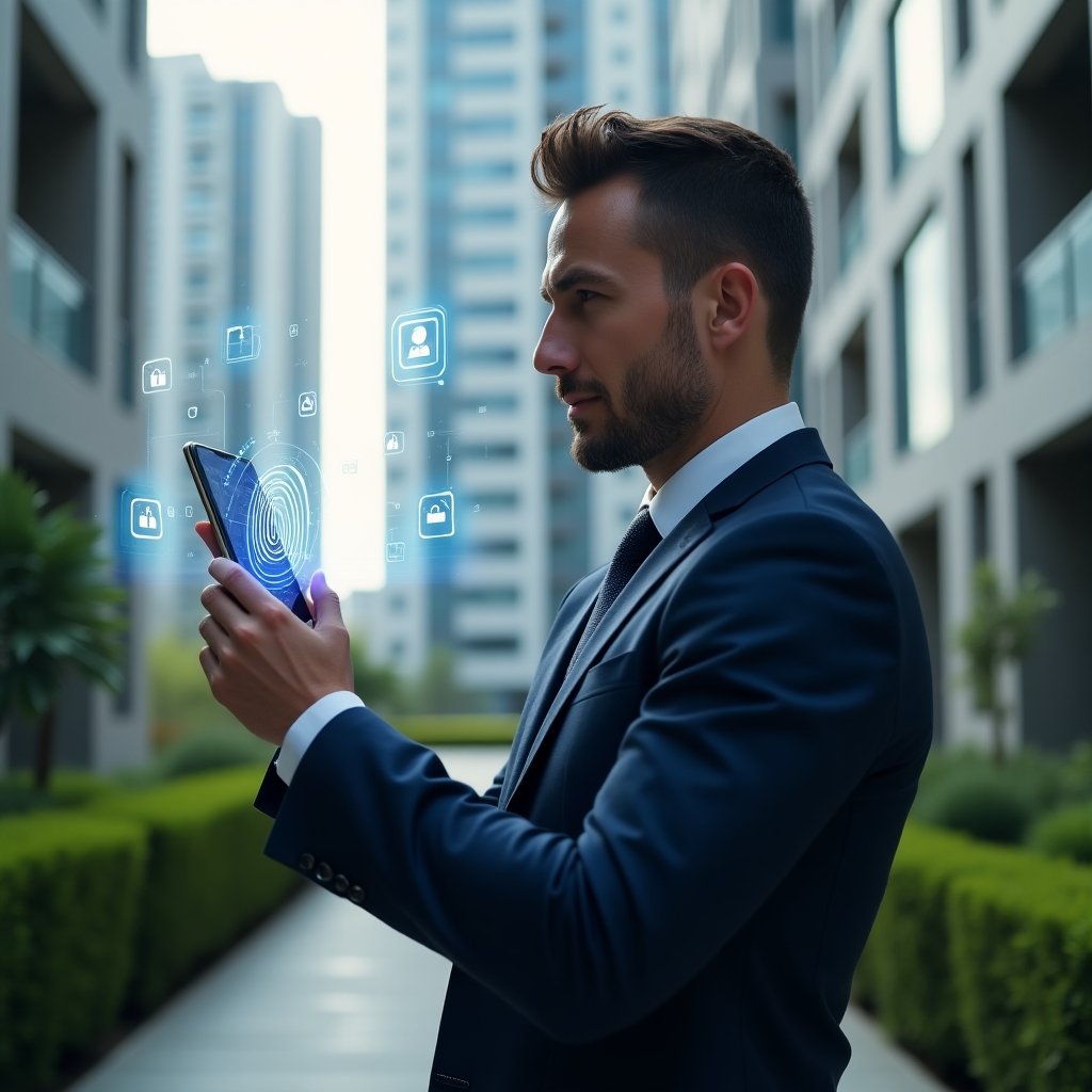 (Ultra-realistic condo manager in a tailored navy suit, set in a modern luxury condominium environment with high-rise buildings and manicured green landscaping, holding a smartphone projecting a holographic biometric fingerprint and facial recognition interface, confidently analyzing security data with a thoughtful expression, futuristic holographic security icons floating around, cinematic lighting, shallow depth of field, highly detailed textures, realistic skin, photographic realism, 8k resolution --ar 1:1 --v 6)