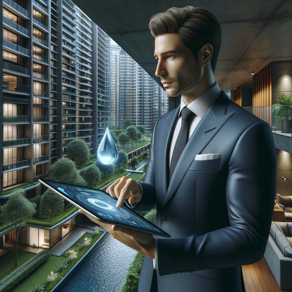Ultra-realistic property manager in a sleek navy-blue suit, set in a modern luxury condominium environment with high-rise buildings and manicured green landscaping, inspecting a damp ceiling with a tablet in hand displaying a leak detection hologram, focused and determined expression, floating water droplet holographic icon symbolizing a leak, cinematic lighting, shallow depth of field, highly detailed textures, realistic skin, photographic realism, 8k resolution --ar 1:1 --v 6
