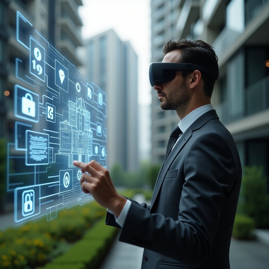 (Ultra-realistic property manager in a dark gray tailored suit, set in a modern luxury condominium environment with high-rise buildings and manicured green landscaping, medium close-up of the manager confidently interacting with a floating holographic control panel displaying smart building automation icons and blueprints, futuristic holograms of sensors and security locks around them, cinematic lighting, shallow depth of field, highly detailed textures, realistic skin, photographic realism, 8k resolution --ar 1:1 --v 6)