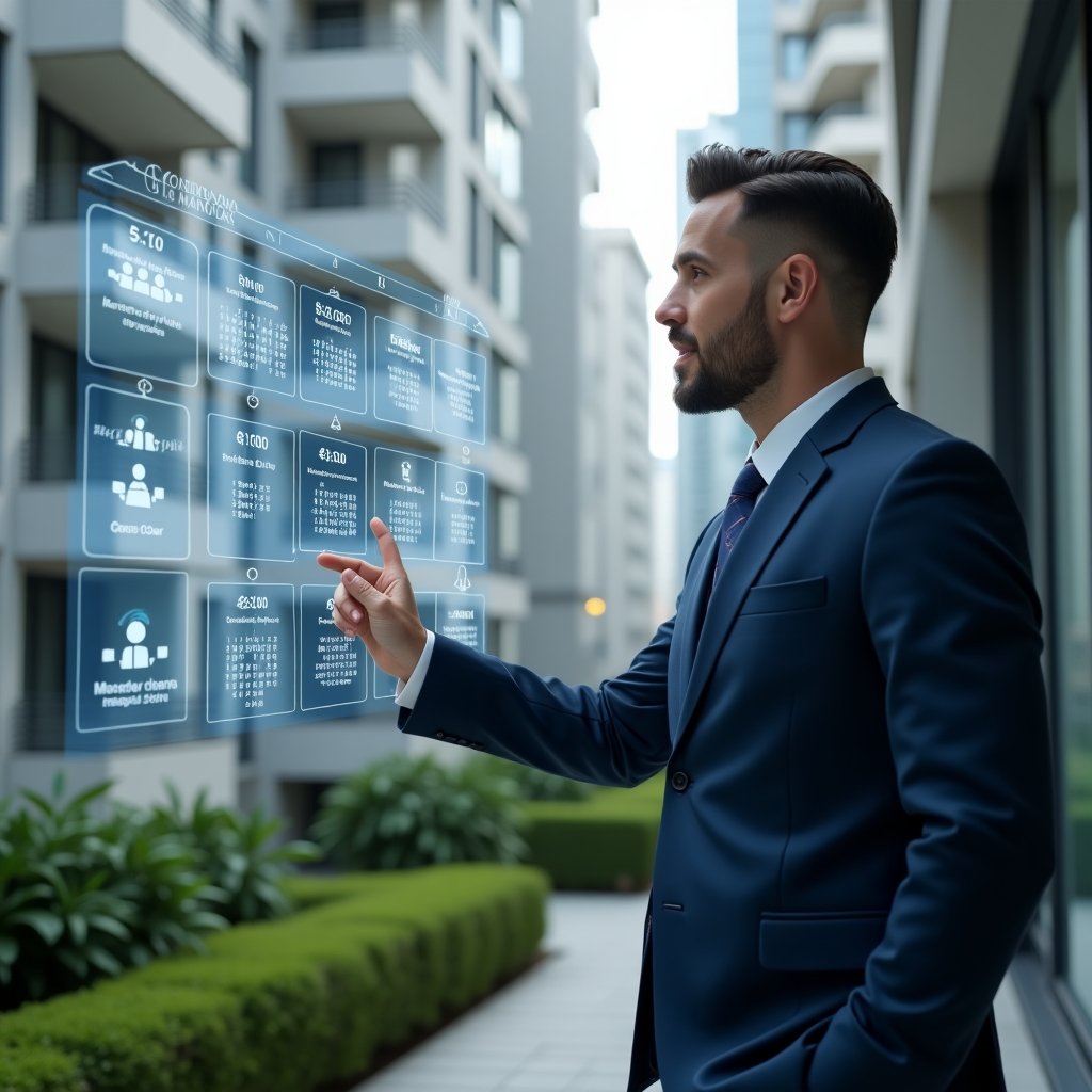 Ultra-realistic condominium manager in a navy blue executive suit, set in a modern luxury condominium environment with high-rise buildings and manicured green landscaping, interacting with a holographic annual activity schedule calendar, pointing at highlighted dates and floating icons representing maintenance, cleaning, and meetings, cinematic lighting, shallow depth of field, highly detailed textures, realistic skin, photographic realism, 8k resolution --ar 1:1 --v 6