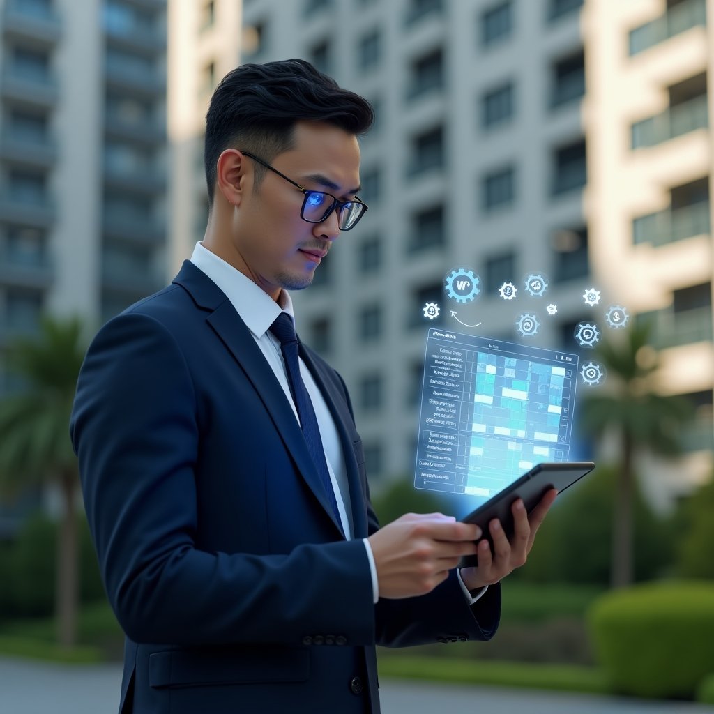 (Ultra-realistic condominium manager in a tailored navy blue suit, set in a modern luxury condominium environment with high-rise buildings and manicured green landscaping, examining a holographic maintenance schedule projected from a tablet, surrounded by floating icons of gears and checklists, confident and focused expression, cinematic lighting, shallow depth of field, highly detailed textures, realistic skin, photographic realism, 8k resolution --ar 1:1 --v 6)