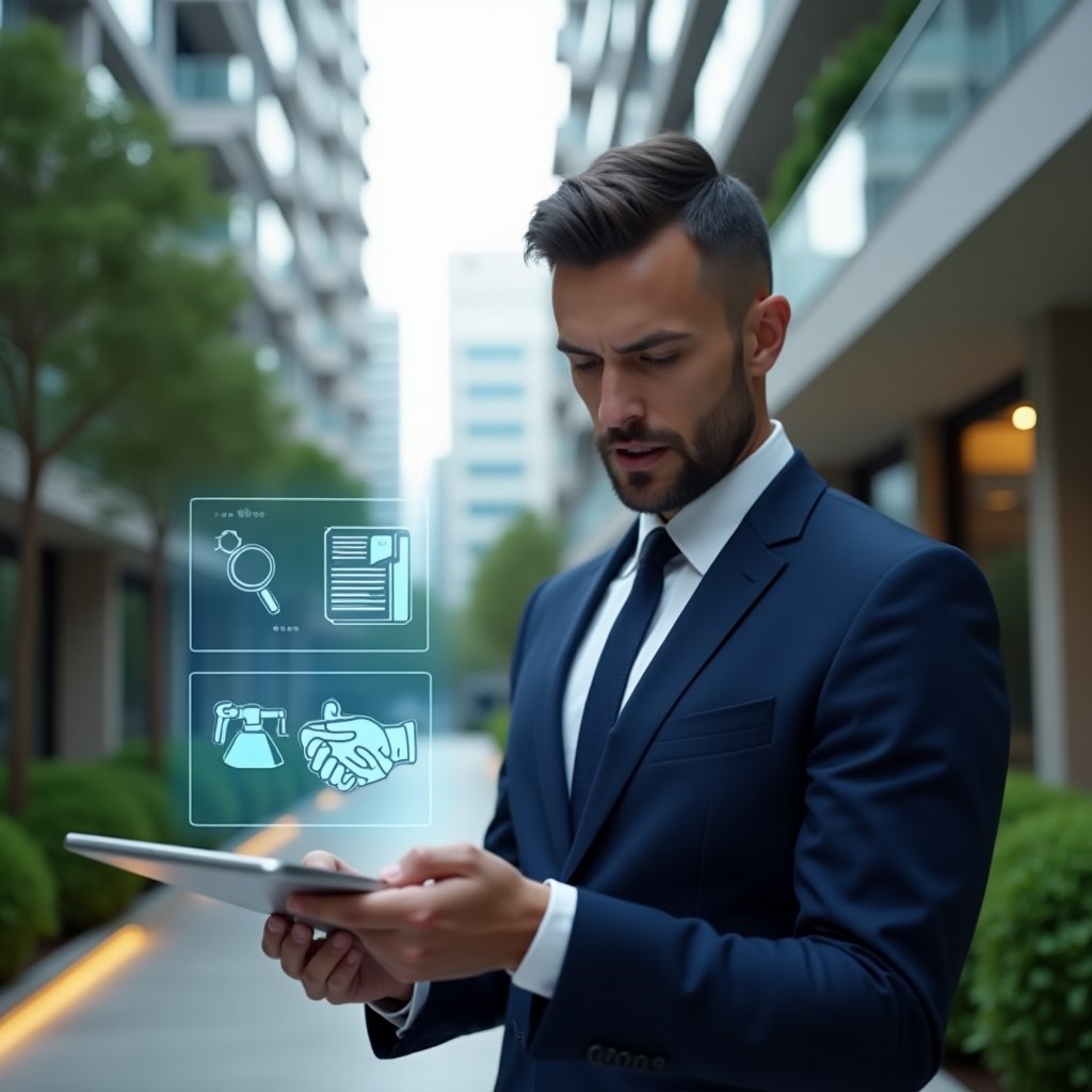 Ultra-realistic condominium manager in a navy blue suit, medium shot, set in a modern luxury condominium environment with high-rise buildings and manicured green landscaping, reviewing a digital tablet displaying a holographic rulebook, floating icons of a handshake and rulebook, confident expression, cinematic lighting, shallow depth of field, highly detailed textures, realistic skin, photographic realism, 8k resolution --ar 1:1 --v 6