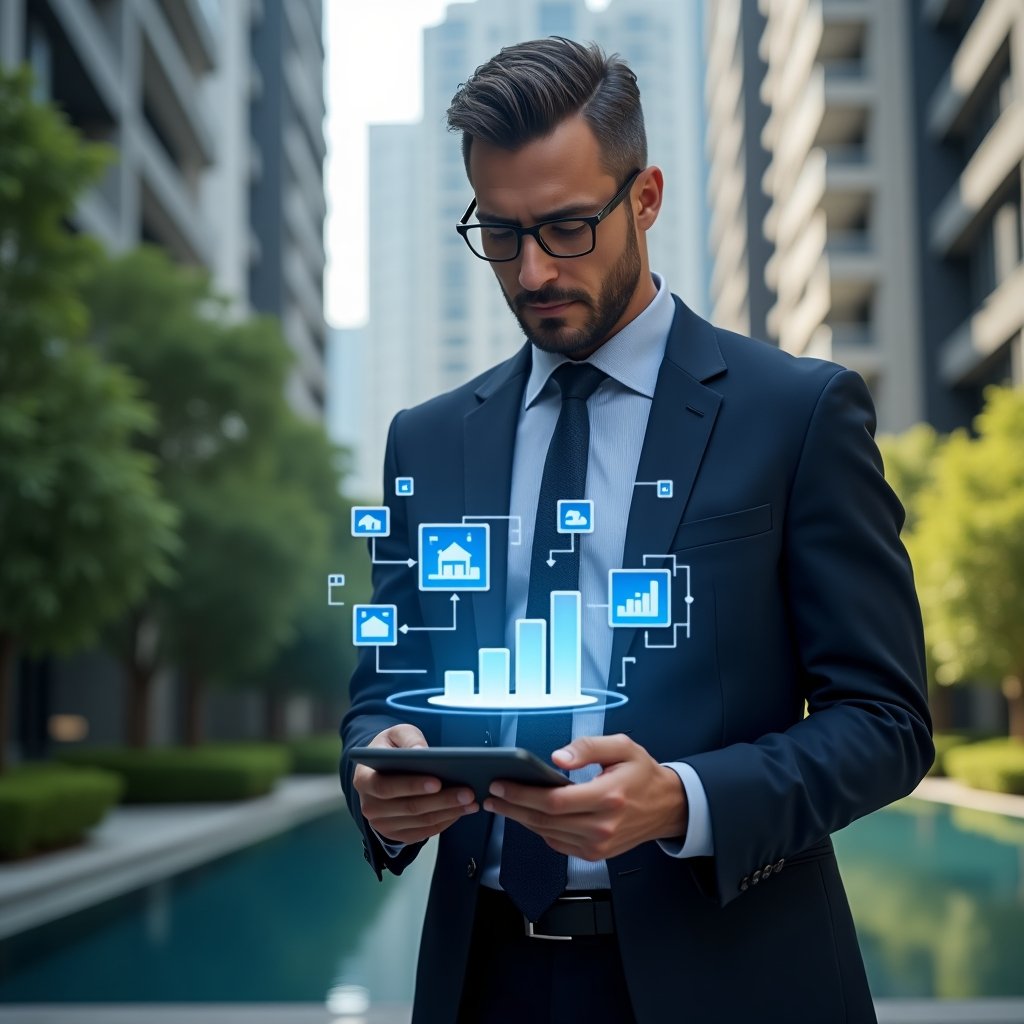 (Ultra-realistic condominium manager in a sleek navy blue suit, set in a modern luxury condominium environment with high-rise buildings and well-manicured green landscaping, confidently analyzing a floating holographic comparison chart of mobile app icons over a digital tablet, cinematic lighting, shallow depth of field, highly detailed textures, realistic skin, photographic realism, 8k resolution --ar 1:1 --v 6)