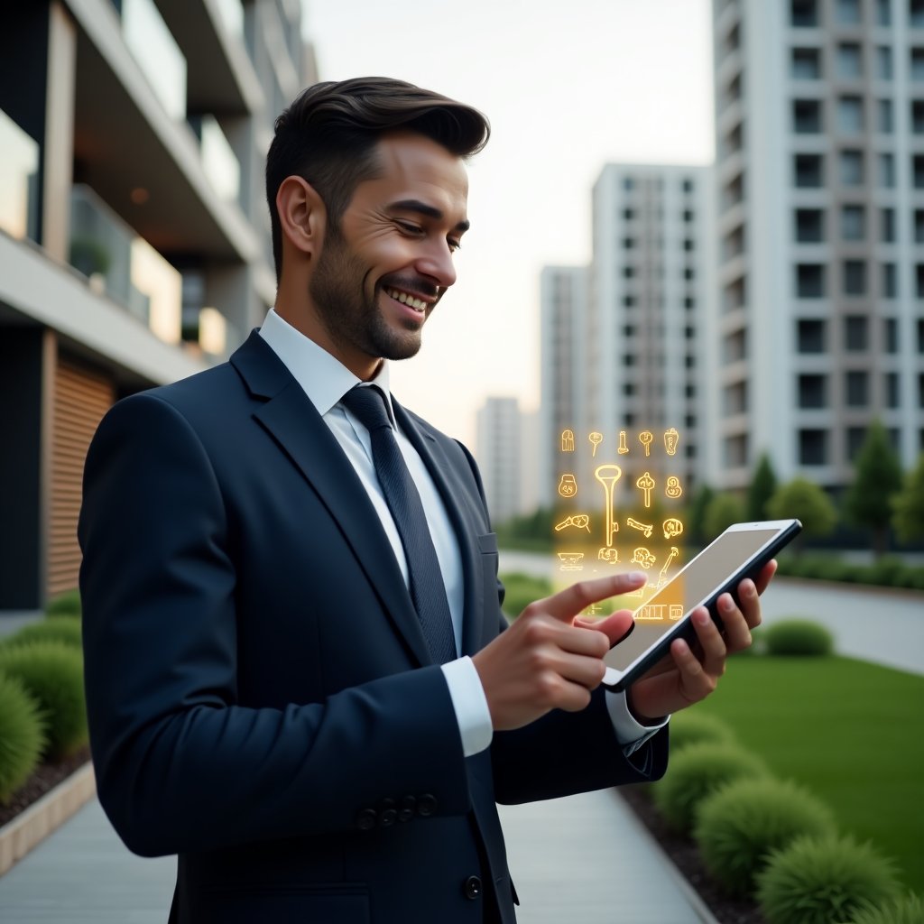 (Ultra-realistic property manager in a navy blue suit, set in a modern luxury condominium environment with high-rise buildings and manicured green landscaping, holding a tablet that projects holographic golden keys and rule icons representing the 10 rules for harmonious living, smiling confidently while reviewing the display, cinematic lighting, shallow depth of field, highly detailed textures, realistic skin, photographic realism, 8k resolution --ar 1:1 --v 6)