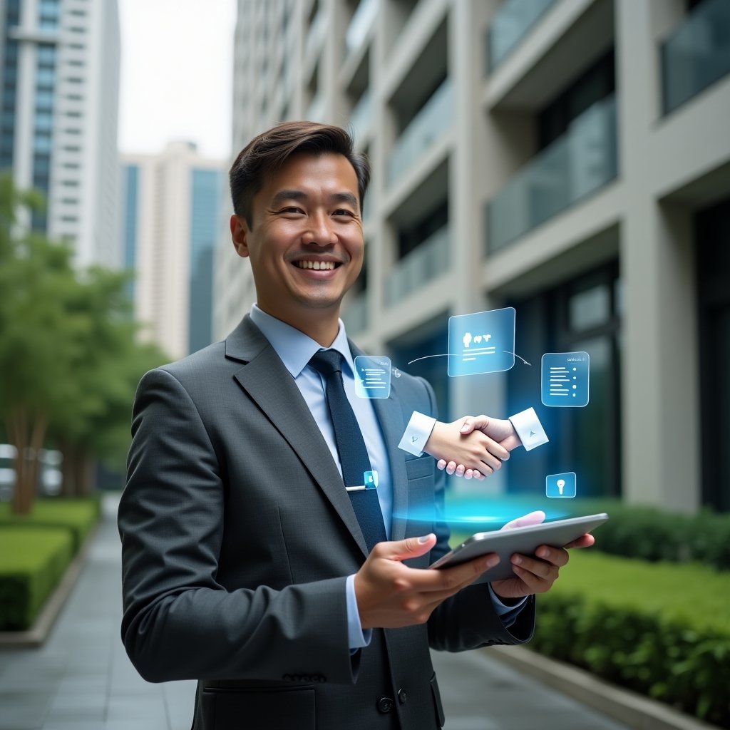 (Ultra-realistic condominium manager in a charcoal gray suit, set in a modern luxury condominium environment with high-rise buildings and lush green landscaping, medium shot holding a tablet displaying floating holographic icons of a handshake, chat bubbles and rule list to symbolize community harmony, smiling confidently, cinematic lighting, shallow depth of field, highly detailed textures, realistic skin, photographic realism, 8k resolution --ar 1:1 --v 6)