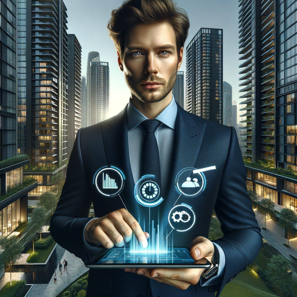 Ultra-realistic property manager in a navy tailored suit, set in a modern luxury condominium environment with high-rise buildings and lush green landscaping, medium shot of the professional holding a digital tablet projecting holographic icons—a bar chart, a chat bubble, and a wrench—symbolizing operational efficiency, integrated communication, and preventive maintenance, confident expression, cinematic lighting, shallow depth of field, highly detailed textures, realistic skin, photographic realism, 8k resolution --ar 1:1 --v 6