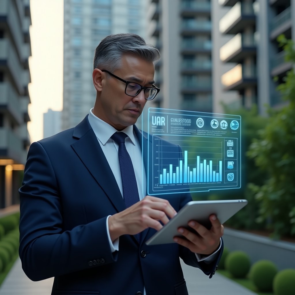 (Ultra-realistic condominium manager in a navy blue suit, set in a modern luxury condominium environment with high-rise buildings and green landscaping, holding a tablet and interacting with a floating holographic condominium app interface showing charts and icons, confident expression, cinematic lighting, shallow depth of field, highly detailed textures, realistic skin, photographic realism, 8k resolution --ar 1:1 --v 6)