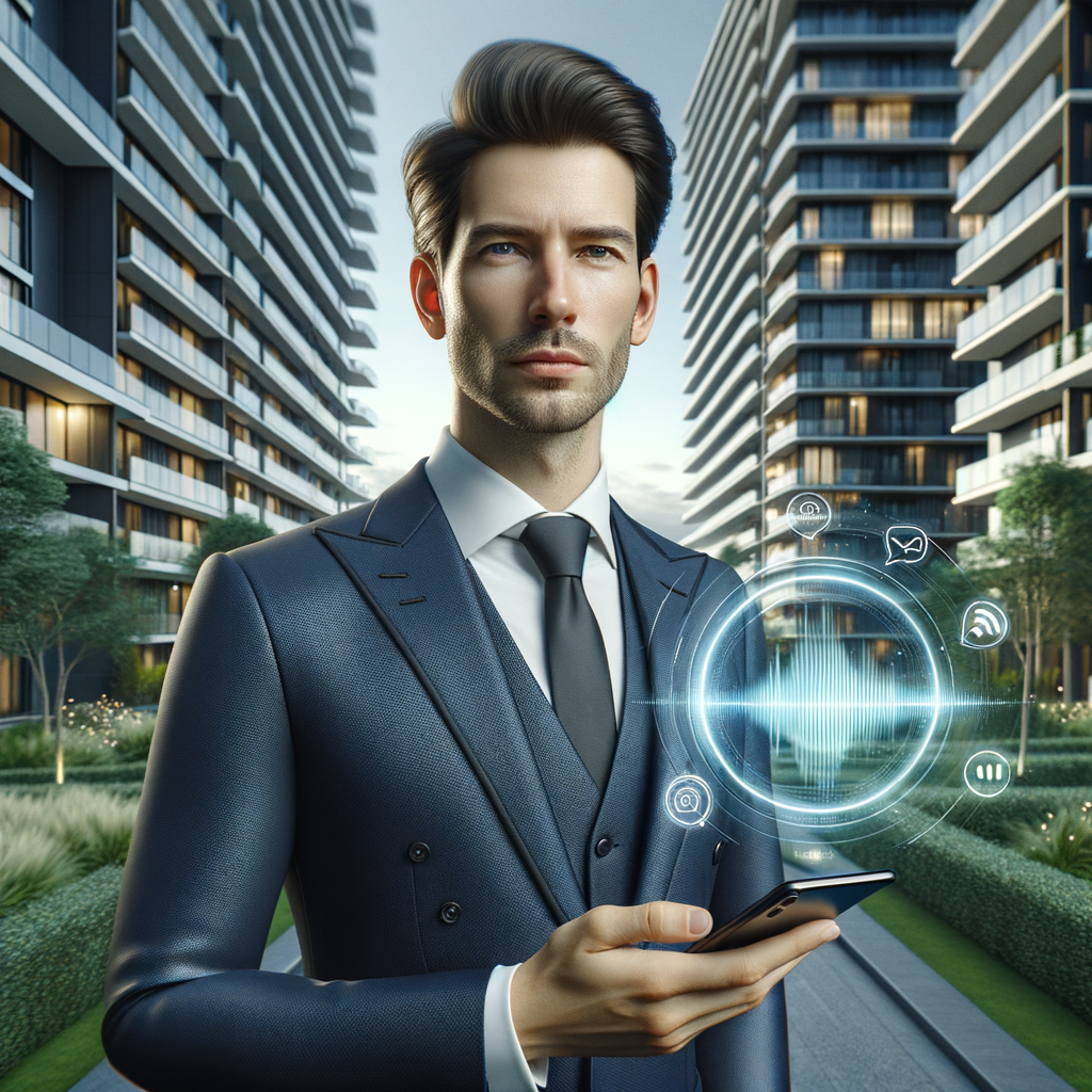 Ultra-realistic condo manager in a tailored navy-blue suit, set in a modern luxury condominium environment with high-rise buildings and lush green landscaping, holding a smartphone displaying a floating holographic sound wave icon and chat bubble representing noise complaints, wearing a confident and calm expression, cinematic lighting, shallow depth of field, highly detailed textures, realistic skin, photographic realism, 8k resolution --ar 1:1 --v 6