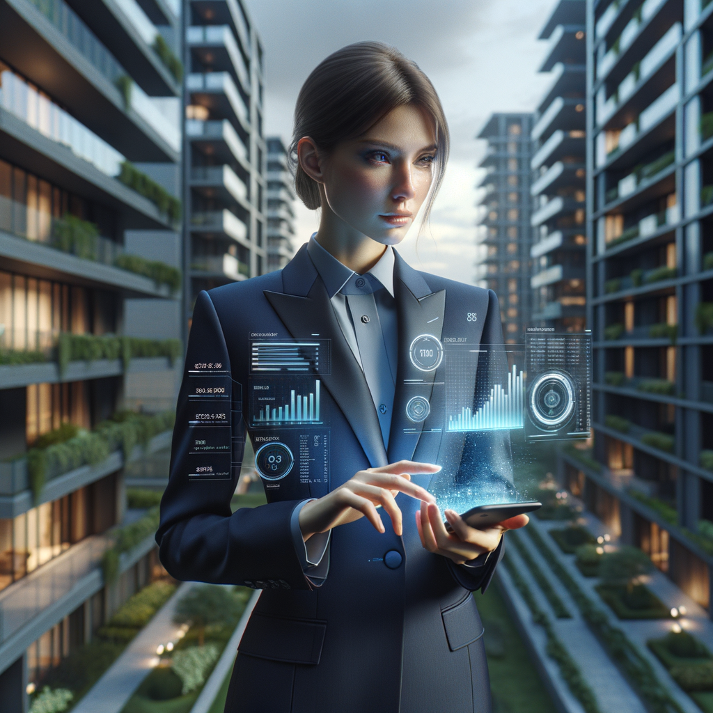 (Ultra-realistic condominium manager in a tailored navy suit, set in a modern luxury condominium environment with high-rise buildings and manicured green landscaping, mid-shot of a confident condo manager holding a smartphone projecting a holographic dashboard with financial charts, task icons and real-time notifications, cinematic lighting, shallow depth of field, highly detailed textures, realistic skin, photographic realism, 8k resolution --ar 1:1 --v 6)