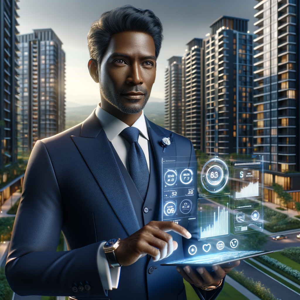 (Ultra-realistic condominium manager in a navy blue suit, set in a modern luxury condominium environment with high-rise buildings and lush green landscaping, medium shot of a confident professional interacting with a glowing holographic condominium management dashboard above a tablet showing calendar, financial charts and chat icons, cinematic lighting, shallow depth of field, highly detailed textures, realistic skin, photographic realism, 8k resolution --ar 1:1 --v 6)