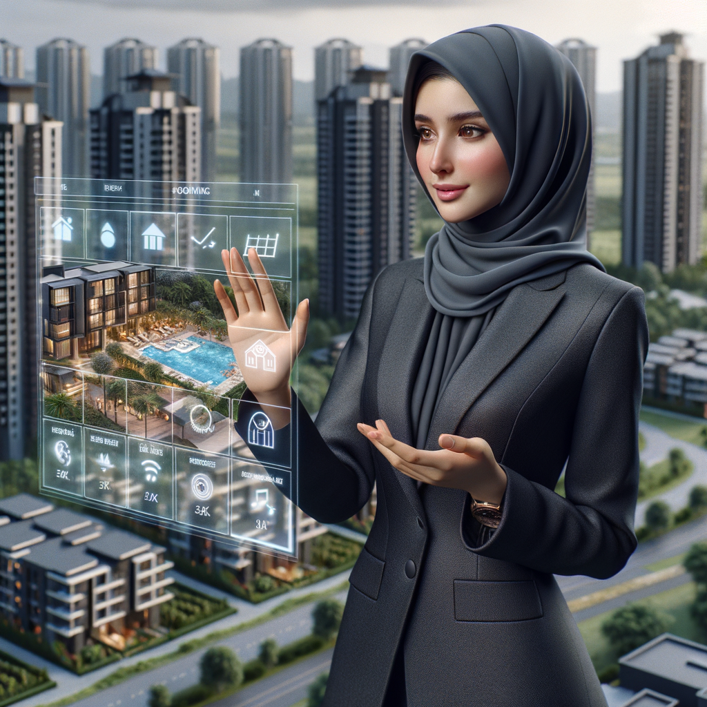 (Ultra-realistic female building manager in a charcoal-gray suit, set in a modern luxury condominium environment with high-rise buildings and lush green landscaping, medium shot focusing on her confidently interacting with a holographic booking calendar for common areas featuring icons of a pool and party hall, cinematic lighting, shallow depth of field, highly detailed textures, realistic skin, photographic realism, 8k resolution --ar 1:1 --v 6)