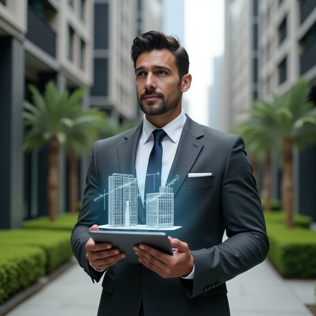 (Ultra-realistic condominium manager in a tailored charcoal gray suit, set in a modern luxury condominium environment with high-rise buildings and manicured green landscaping, holding a tablet displaying a holographic 3D building renovation plan and rising bar chart, confident and thoughtful expression, cinematic lighting, shallow depth of field, highly detailed textures, realistic skin, photographic realism, 8k resolution --ar 1:1 --v 6)