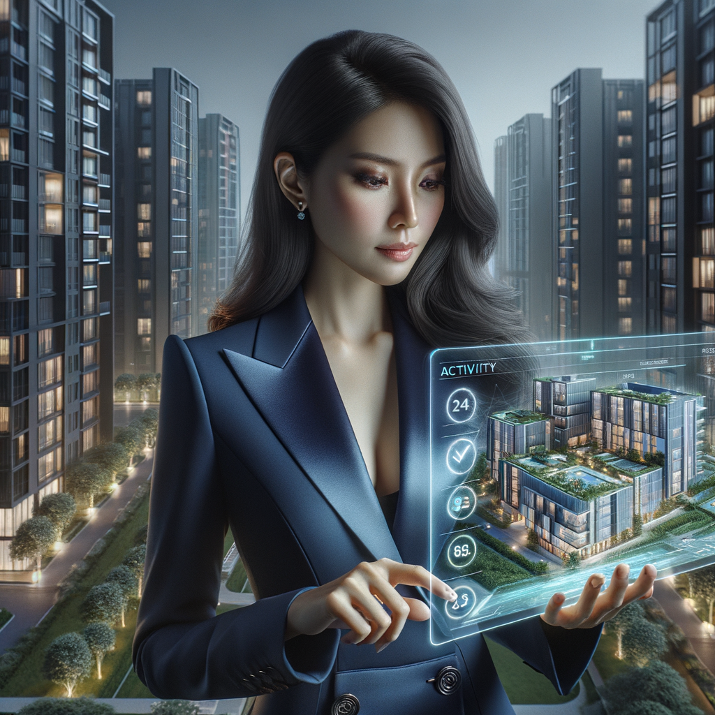(Ultra-realistic condominium manager in a navy blue executive suit, set in a modern luxury condominium environment with high-rise buildings and green landscaping, examining a holographic activity schedule on a transparent tablet with floating calendar icons and checkmarks, confident and focused expression, cinematic lighting, shallow depth of field, highly detailed textures, realistic skin, photographic realism, 8k resolution --ar 1:1 --v 6)