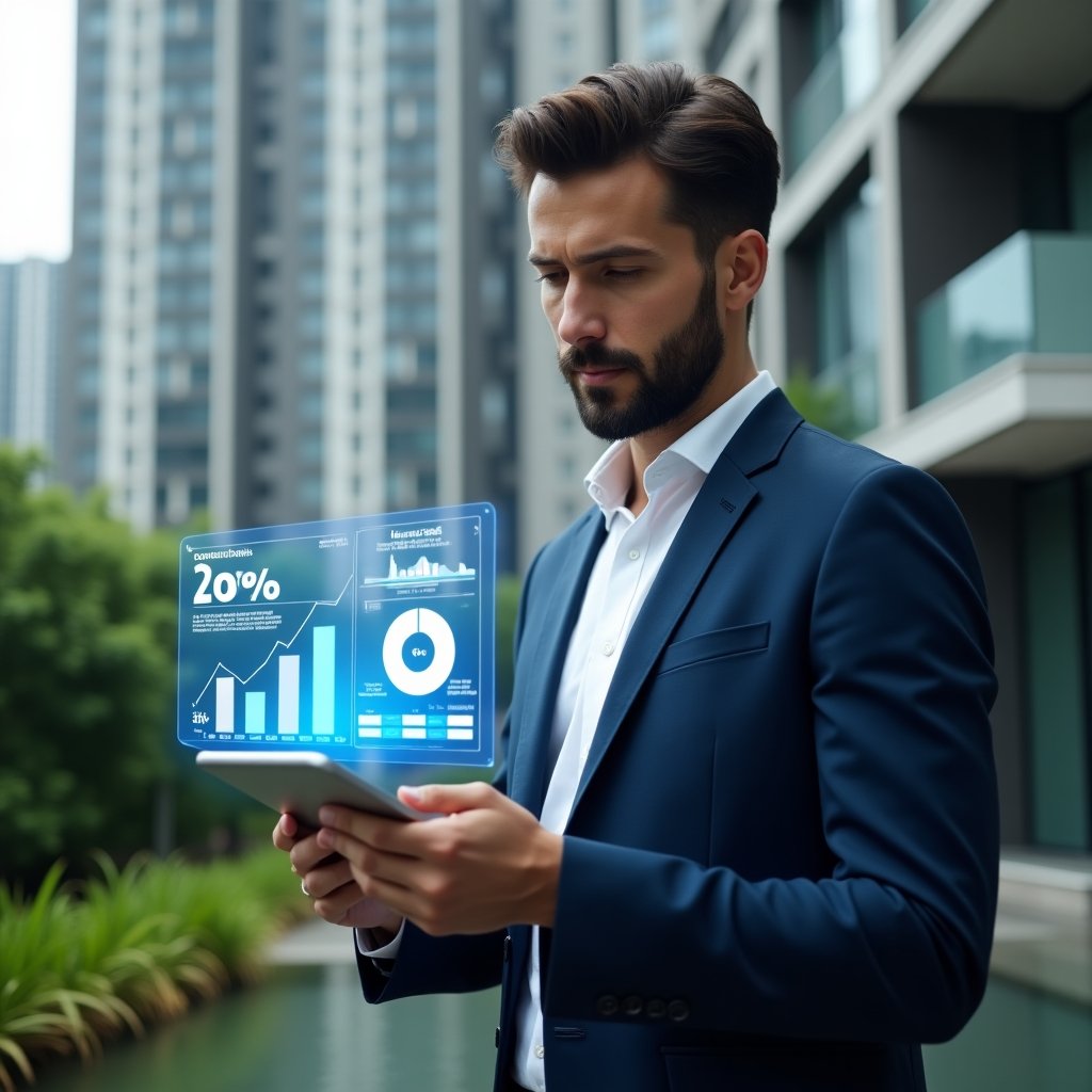 (Ultra-realistic condominium manager in a navy blue suit, set in a modern luxury condominium environment with high-rise buildings and green landscaping, analyzing a holographic financial dashboard on a transparent tablet showing a 20% cost reduction, a floating holographic pie chart indicating 20% savings as a symbolic visual element, confident and focused expression, cinematic lighting, shallow depth of field, highly detailed textures, realistic skin, photographic realism, 8k resolution --ar 1:1 --v 6)