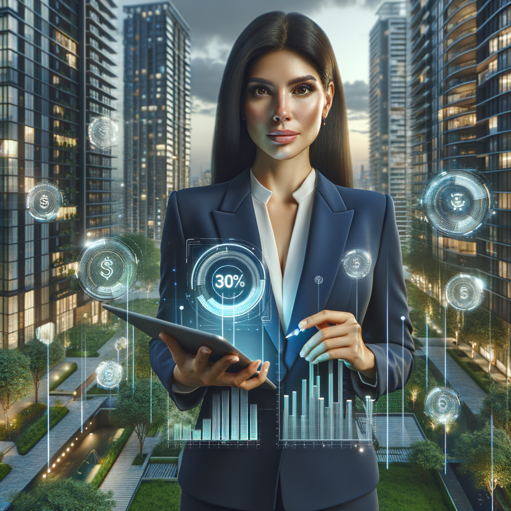 Ultra-realistic condominium manager in a navy blue suit, set in a modern luxury condominium environment with high-rise buildings and manicured green landscaping, holding a tablet and confidently analyzing holographic financial charts showing a 30% cost reduction, with floating icons of coins and a green downward arrow, cinematic lighting, shallow depth of field, highly detailed textures, realistic skin, photographic realism, 8k resolution --ar 1:1 --v 6