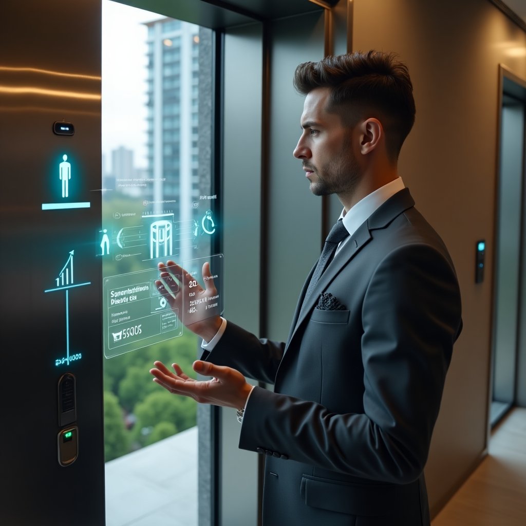 (Ultra-realistic condominium manager in a charcoal grey executive suit, set in a modern luxury condominium environment with high-rise buildings and lush green landscaping visible through floor-to-ceiling windows, standing next to an elevator door in the sleek lobby, confidently analyzing a holographic elevator maintenance dashboard displaying cost-reduction and safety metrics, glowing elevator icon and digital wrench holograms orbiting the interface, serious and focused expression, cinematic lighting, shallow depth of field, highly detailed textures, realistic skin, photographic realism, 8k resolution --ar 1:1 --v 6)