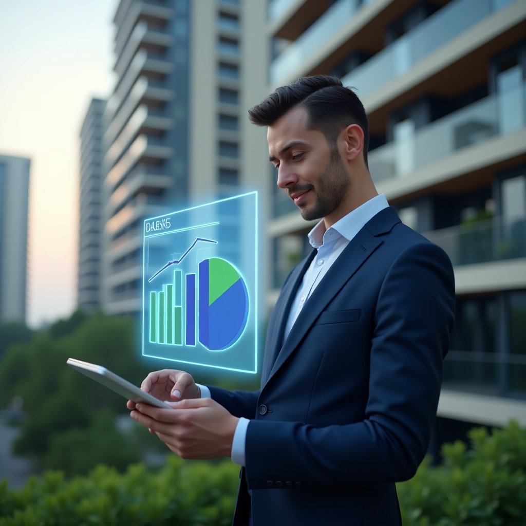 Ultra-realistic condominium manager in a sleek navy blue suit, set in a modern luxury condominium environment with high-rise buildings and green landscaping, confidently reviewing a digital tablet projecting a holographic financial chart of cost reduction, symbolic savings pie chart hovering beside, cinematic lighting, shallow depth of field, highly detailed textures, realistic skin, photographic realism, 8k resolution --ar 1:1 --v 6