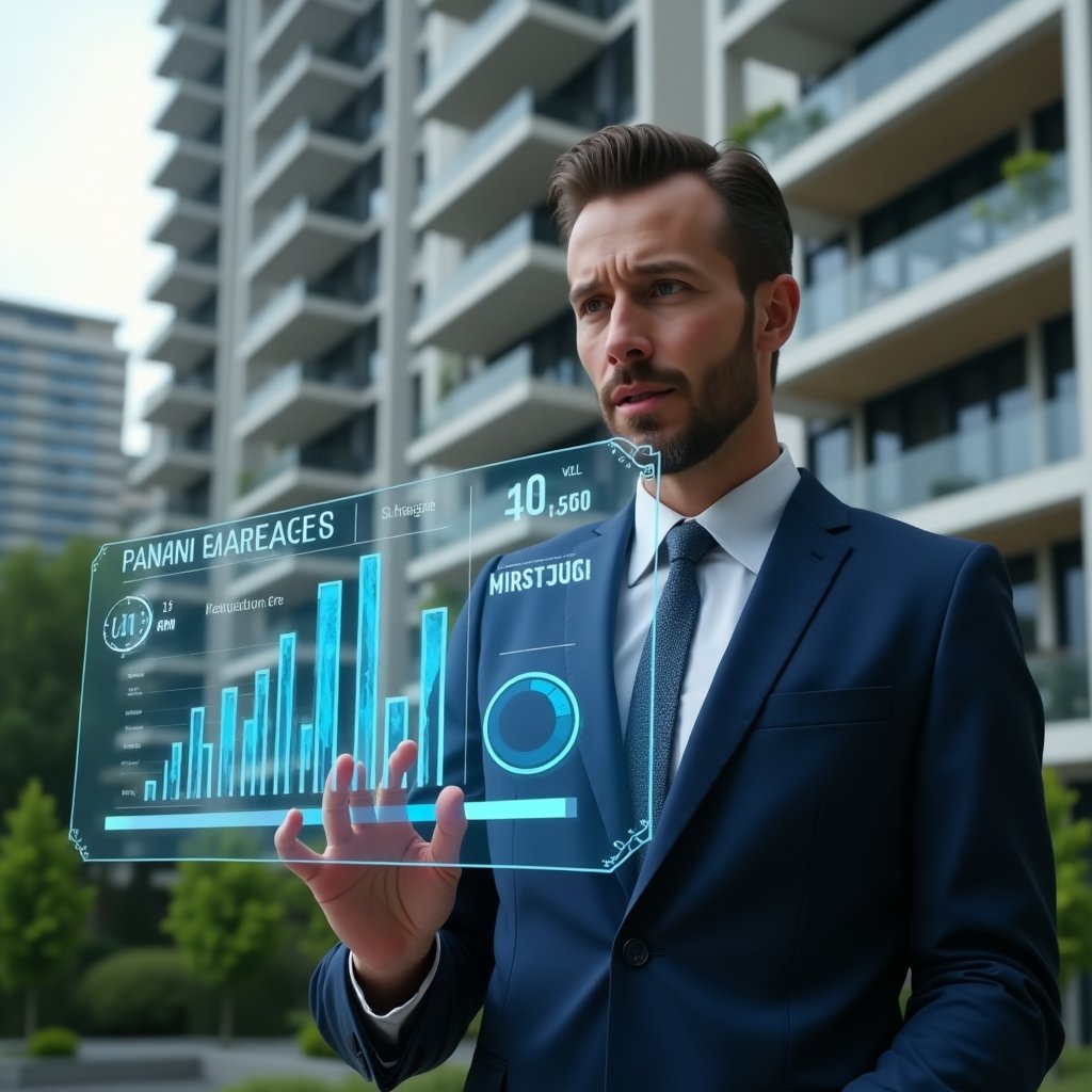(Ultra-realistic condominium manager in a navy blue tailored suit, set in a modern luxury condominium environment with high-rise buildings and lush green landscaping, examining a holographic financial dashboard displaying cost-saving bar charts and budget icons, confident and analytical expression, cinematic lighting, shallow depth of field, highly detailed textures, realistic skin, photographic realism, 8k resolution --ar 1:1 --v 6)