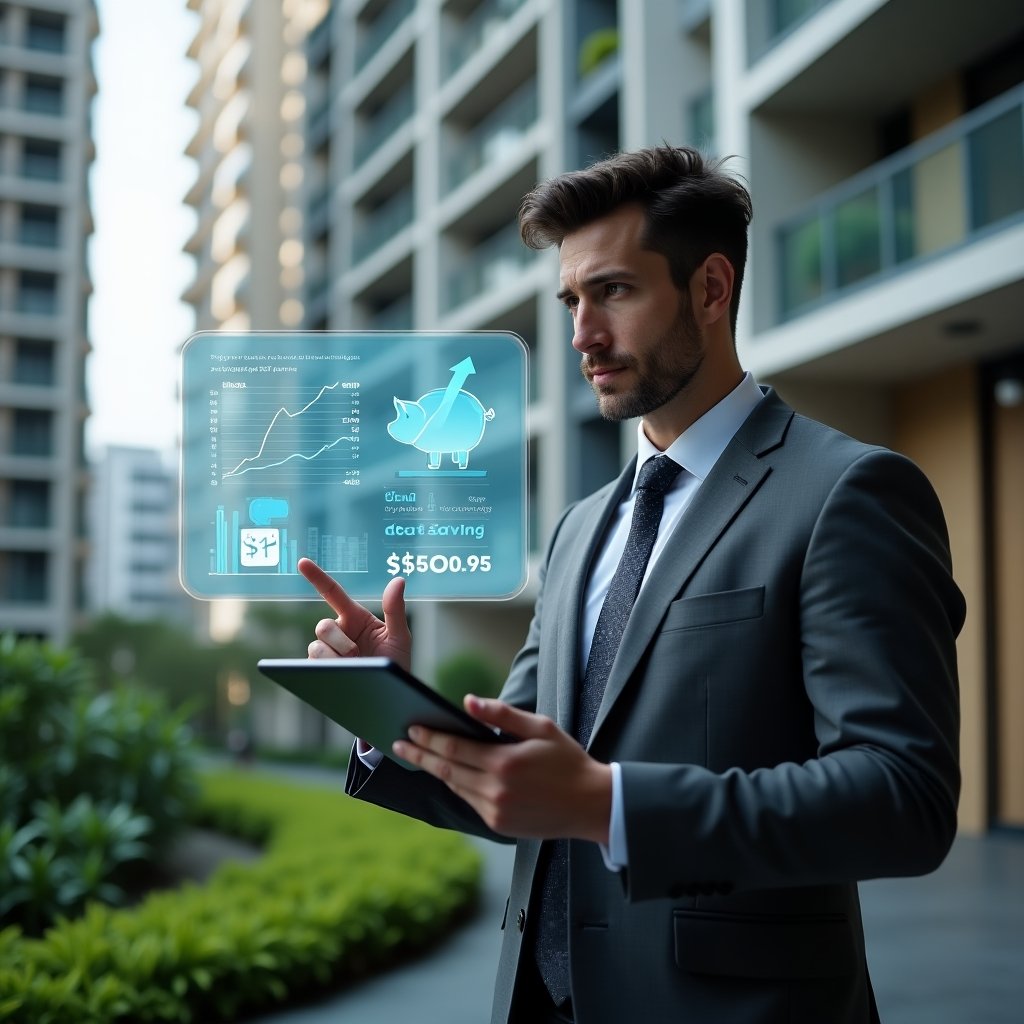 (Ultra-realistic condominium manager in a charcoal gray suit, set in a modern luxury condominium environment with high-rise buildings and lush green landscaping, analyzing a holographic budget dashboard with cost-saving graphs and a piggy bank icon, holding a tablet and pointing at a downward-trending arrow, confident and focused expression, cinematic lighting, shallow depth of field, highly detailed textures, realistic skin, photographic realism, 8k resolution --ar 1:1 --v 6)