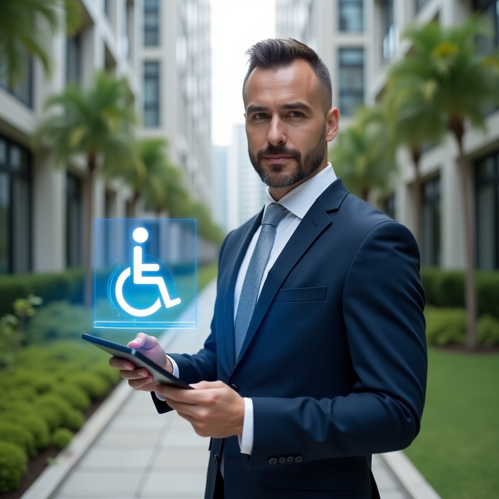 (Ultra-realistic property manager in a tailored dark blue suit, set in a modern luxury condominium environment with high-rise buildings and well-maintained green landscaping, inspecting a wheelchair ramp while holding a tablet projecting a holographic accessibility icon, confident and supportive expression, cinematic lighting, shallow depth of field, highly detailed textures, realistic skin, photographic realism, 8k resolution --ar 1:1 --v 6)