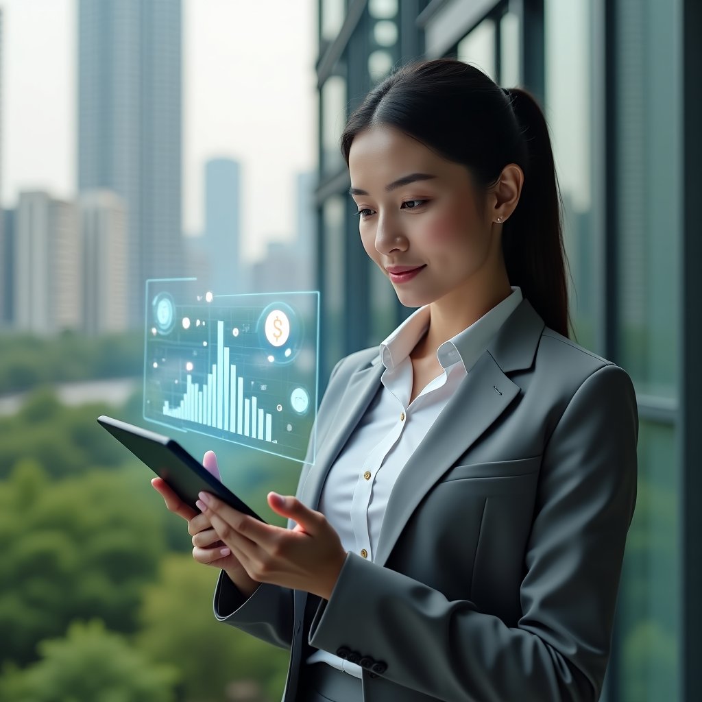 (Ultra-realistic female condominium manager in a sleek grey executive suit, set in a modern luxury condominium environment with high-rise buildings and lush green landscaping, holding a tablet projecting a holographic app interface with graphs, coins and chat icons to symbolize cost savings and improved communication, looking confident and focused, cinematic lighting, shallow depth of field, highly detailed textures, realistic skin, photographic realism, 8k resolution --ar 1:1 --v 6)