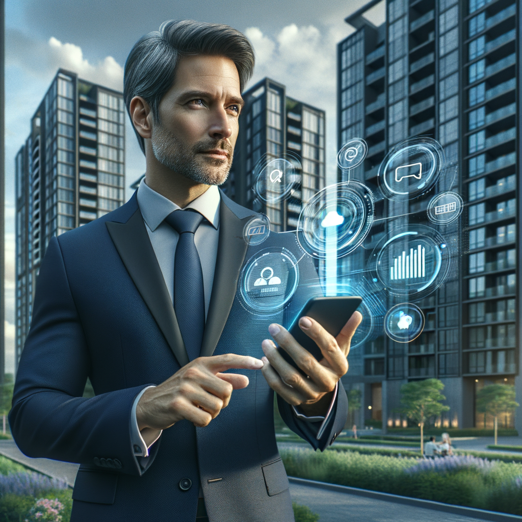 (Ultra-realistic condominium manager in a tailored navy executive suit, set in a modern luxury condominium environment with high-rise buildings and lush green landscaping, medium shot of a confident professional interacting with a smartphone projecting holographic icons of chat bubbles, automated task checklists and financial graphs, cinematic lighting, shallow depth of field, highly detailed textures, realistic skin, photographic realism, 8k resolution --ar 1:1 --v 6)