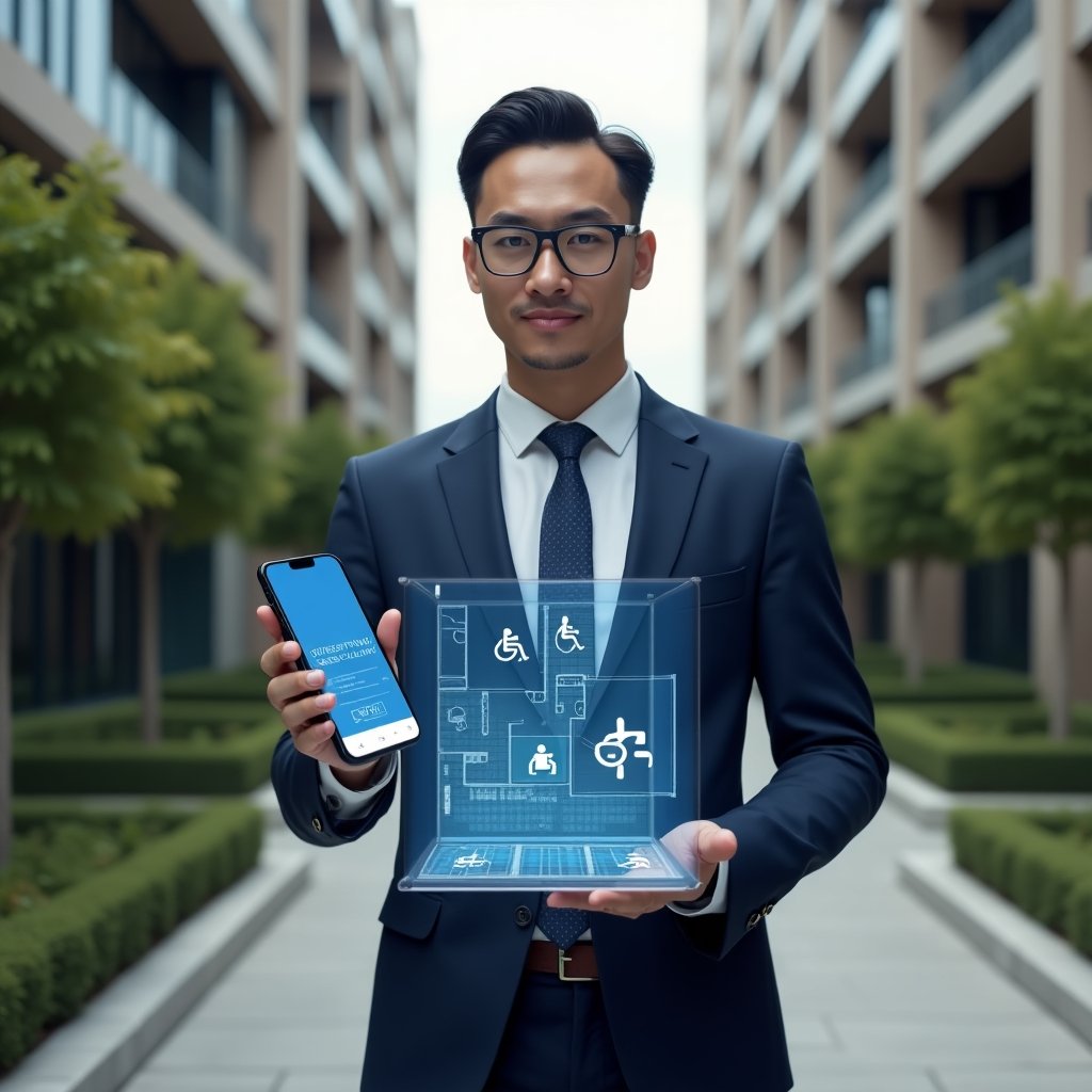Ultra-realistic condominium manager in a dark blue tailored suit, set in a modern luxury condominium courtyard with high-rise buildings and manicured greenery, standing confidently and interacting with a floating holographic floor plan highlighting accessible ramps and wheelchair symbols alongside a smartphone screen displaying an accessibility app icon, cinematic lighting, shallow depth of field, highly detailed textures, realistic skin, photographic realism, 8k resolution --ar 1:1 --v 6