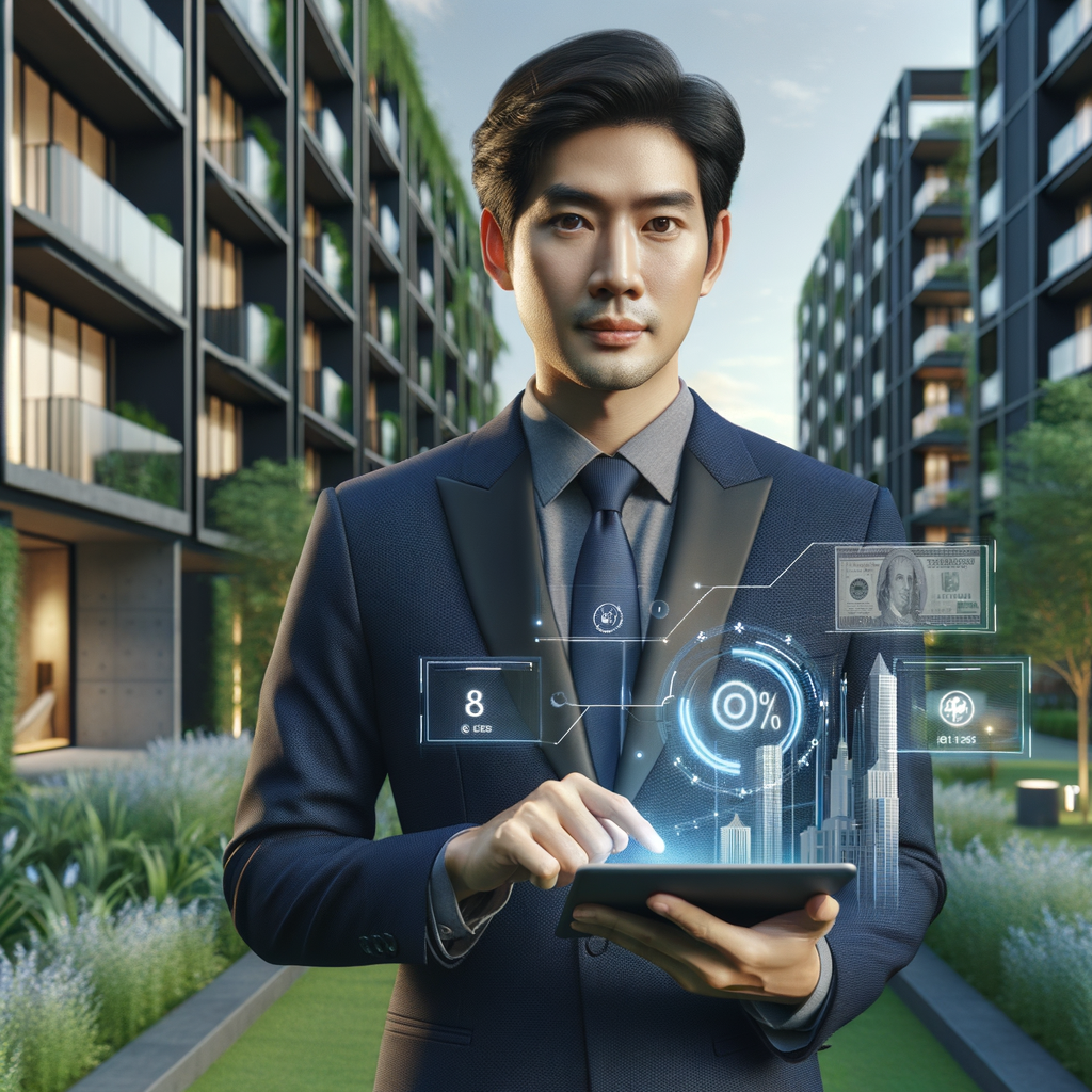 (Ultra-realistic professional condominium manager in a navy blue suit, set in a modern luxury condominium environment with high-rise buildings and manicured green landscaping, holding a tablet and interacting with a floating holographic chart of on-time payments and currency icons, confident and focused expression, cinematic lighting, shallow depth of field, highly detailed textures, realistic skin, photographic realism, 8k resolution --ar 1:1 --v 6)