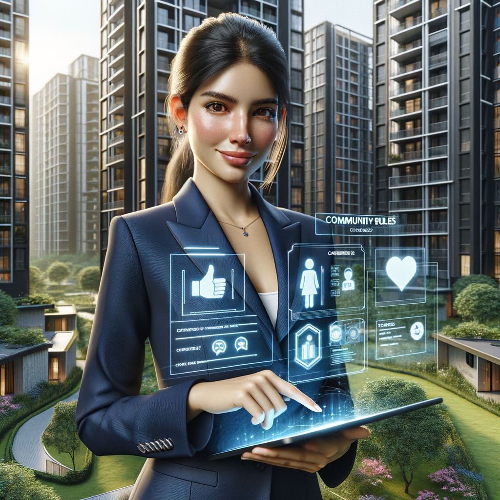 Ultra-realistic condominium manager in a navy blue suit, set in a modern luxury condominium environment with high-rise buildings and lush green landscaping, holding a tablet projecting a holographic interface of community rules icons (handshake, chat bubbles, checklists) while smiling confidently, cinematic lighting, shallow depth of field, highly detailed textures, realistic skin, photographic realism, 8k resolution --ar 1:1 --v 6