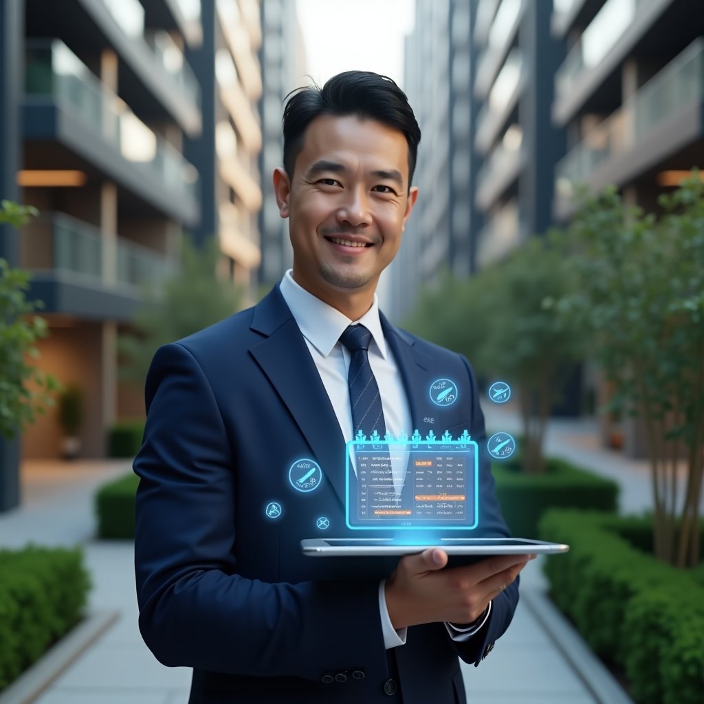 Ultra-realistic condominium manager in a navy blue tailored suit, set in a modern luxury condominium environment with high-rise buildings and manicured green landscaping, holding a tablet displaying a vibrant digital schedule interface with floating holographic calendar icons and check marks, confident and focused expression, cinematic lighting, shallow depth of field, highly detailed textures, realistic skin, photographic realism, 8k resolution --ar 1:1 --v 6