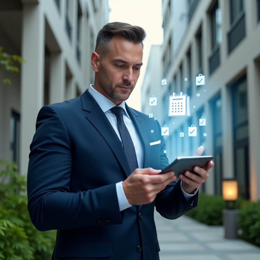 (Ultra-realistic property manager in a navy blue executive suit, set in a modern luxury condominium environment with high-rise buildings and green landscaping, analyzing a holographic activity schedule, confident and focused expression, floating calendar icons and checkmarks as thematic visual elements, cinematic lighting, shallow depth of field, highly detailed textures, realistic skin, photographic realism, 8k resolution --ar 1:1 --v 6)