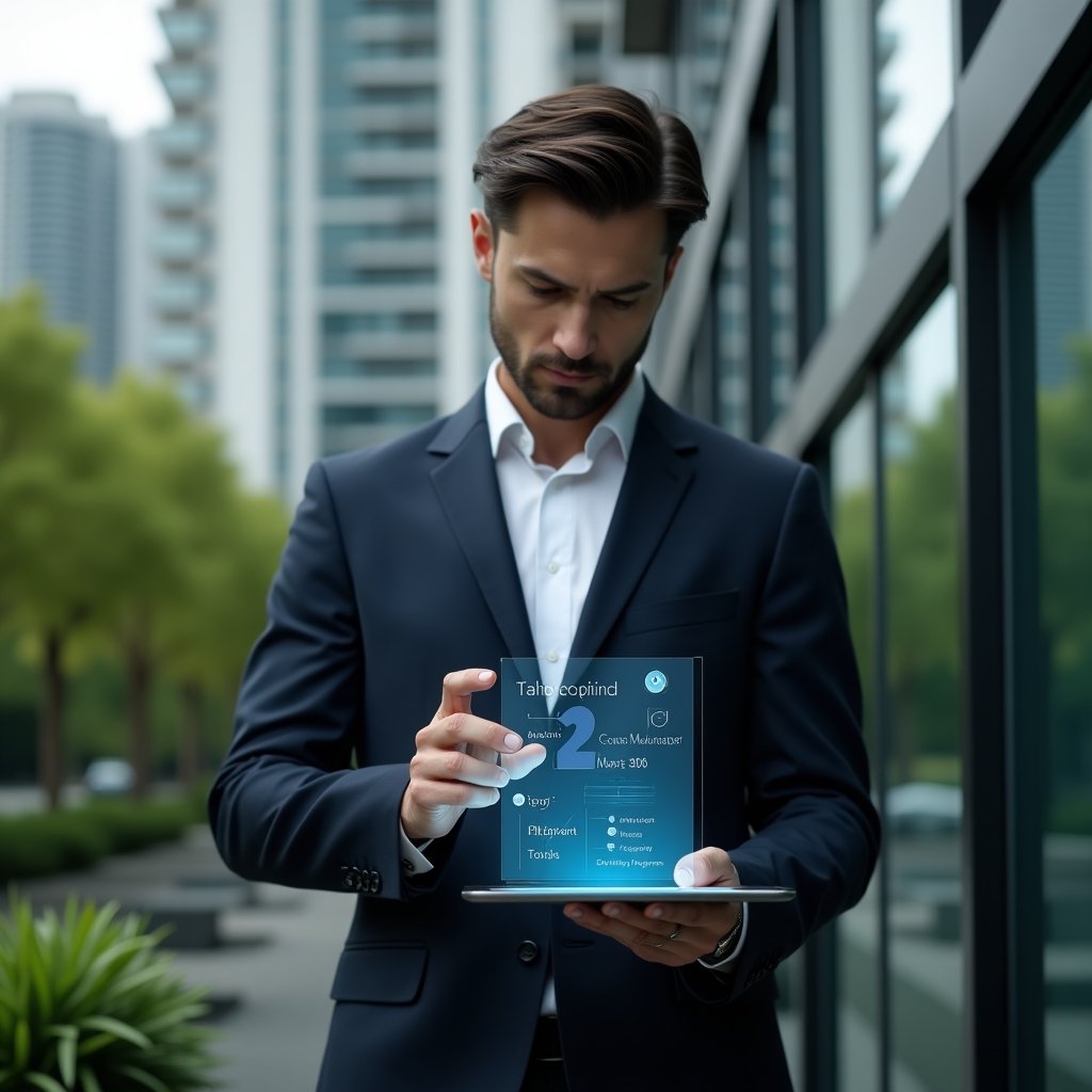 (Ultra-realistic condo manager in a dark tailored suit, set in a modern luxury condominium environment with high-rise buildings and well-kept green landscaping, mid shot analyzing a holographic activity schedule projected from a tablet with checkmark icons, confident and focused expression, cinematic lighting, shallow depth of field, highly detailed textures, realistic skin, photographic realism, 8k resolution --ar 1:1 --v 6)