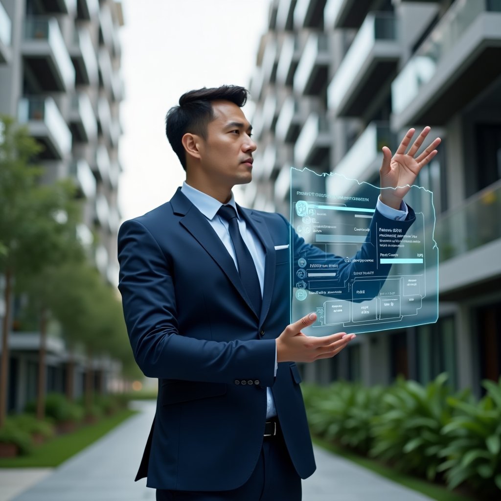 (Ultra-realistic property manager in a navy blue tailored suit, set in a modern luxury condominium environment with high-rise buildings and manicured green landscaping, interacting with a floating holographic calendar displaying tasks and deadlines, surrounded by holographic checkmark icons and timeline bars, confident and focused expression, cinematic lighting, shallow depth of field, highly detailed textures, realistic skin, photographic realism, 8k resolution --ar 1:1 --v 6)