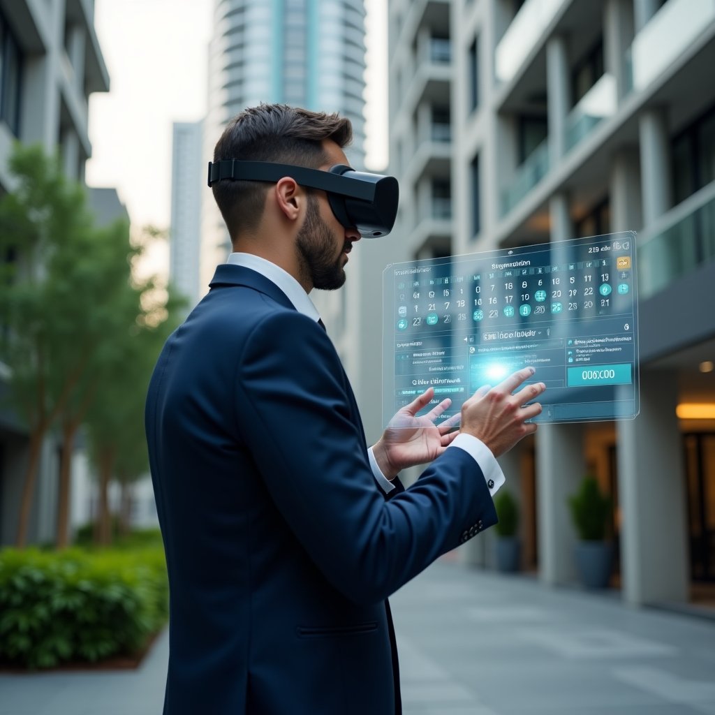 Ultra-realistic property manager in a tailored navy blue suit, set in a modern luxury condominium environment with high-rise buildings and lush green landscaping, analyzing a holographic digital calendar interface with icons for maintenance tasks, resident notifications and deadlines, cinematic lighting, shallow depth of field, highly detailed textures, realistic skin, photographic realism, 8k resolution --ar 1:1 --v 6