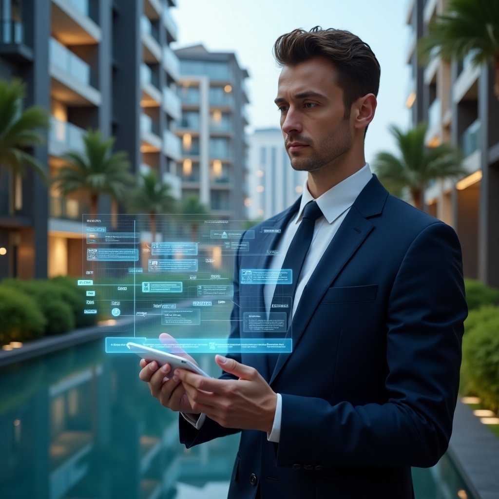 (Ultra-realistic property manager in a tailored navy blue suit, set in a modern luxury condominium environment with high-rise buildings and lush green landscaping, reviewing a holographic activity schedule floating before them, surrounded by glowing timeline icons and digital interface graphics, looking focused and confident, cinematic lighting, shallow depth of field, highly detailed textures, realistic skin, photographic realism, 8k resolution --ar 1:1 --v 6)